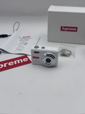 Supreme White Mini Camera Keychain with Silver Lens Accent
